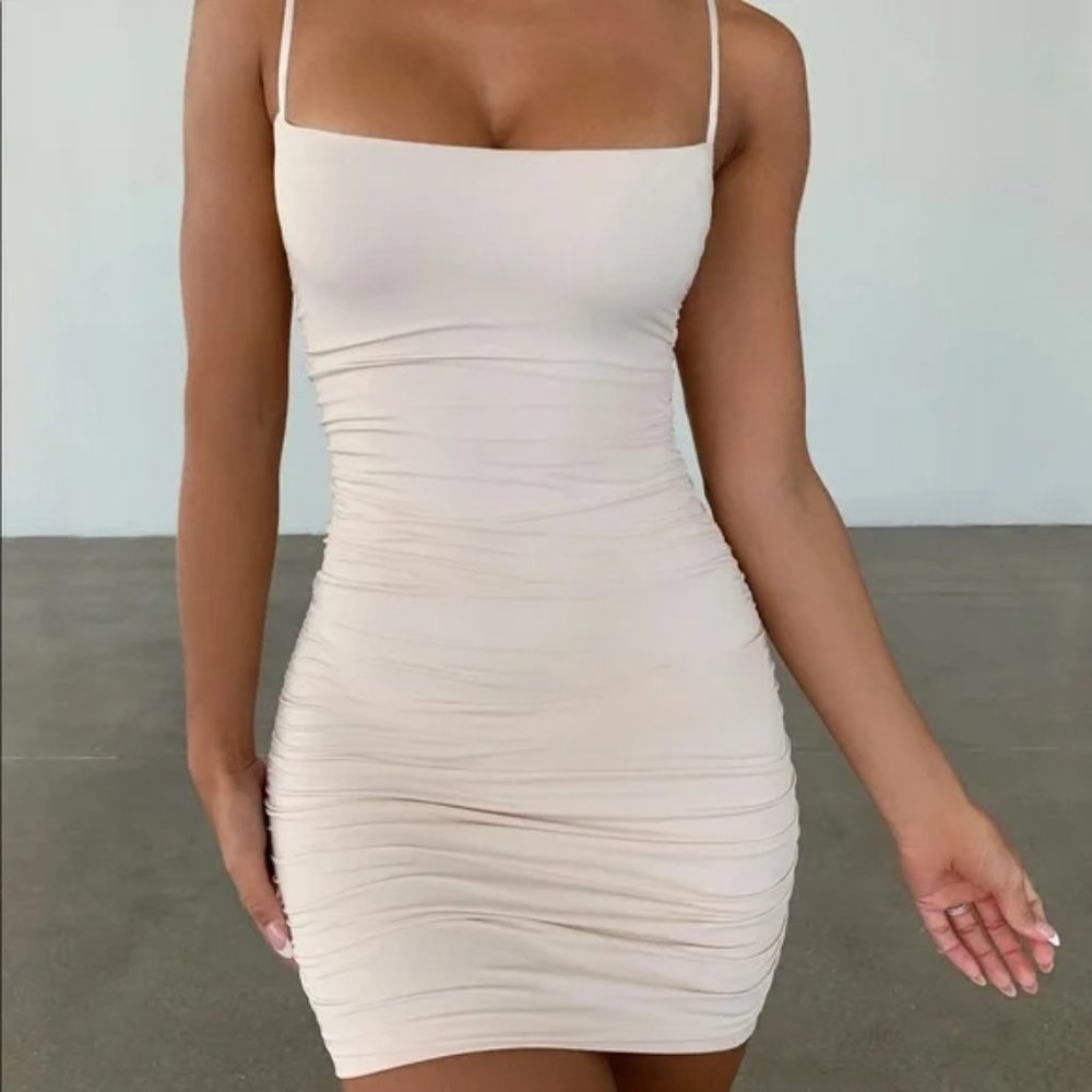 Oh Polly Ain't So Basic Ruched Mini Bodycon Dress in Oyster White NWT Sz 4